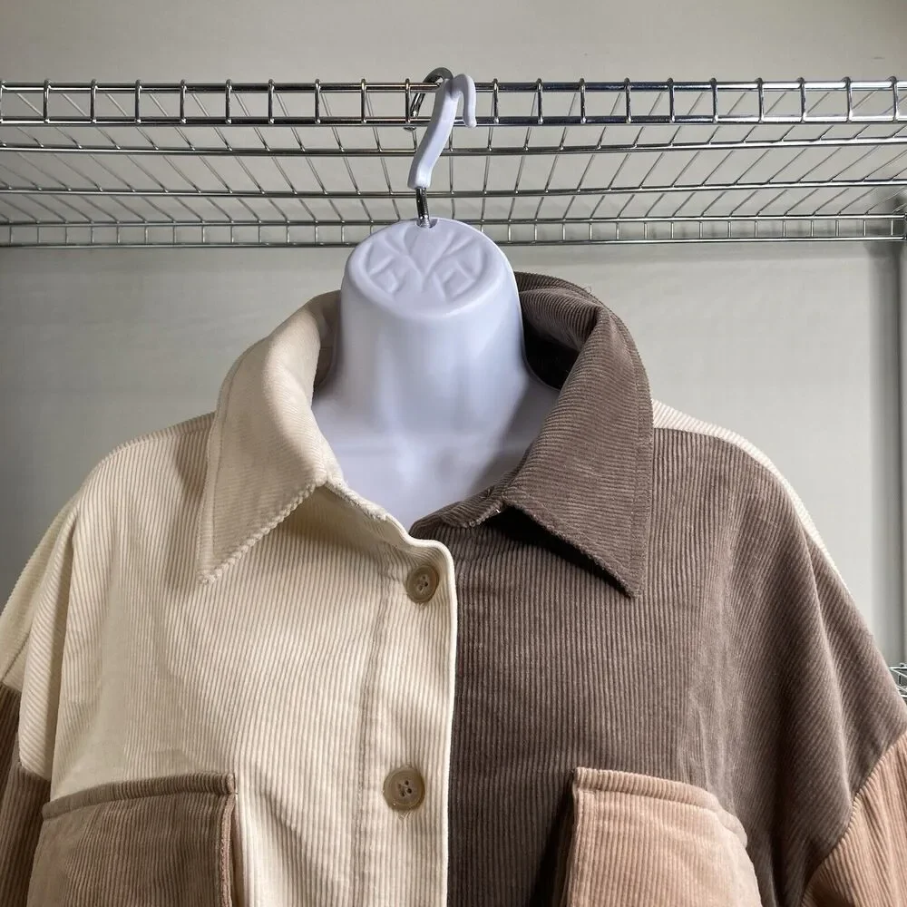 Arula Women's Ivory Corduroy Shacket Size 1X Colorblock Patchwork Boho Jacket - Picture 8 of 16